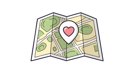 A folded map with a heart icon marking a location on a park-filled neighborhood