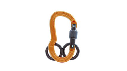 Orange climbing carabiner with screw lock and two brown rings