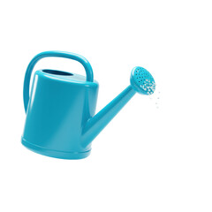 Obraz premium Vibrant cyan plastic watering can pouring stylized crystalline water droplets against a transparent background in a studio setting. Concept of purity and hydration