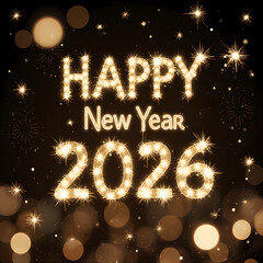 Happy New Year 2026 Celebration with Fireworks and Gold Bokeh Lights for Festive Joy