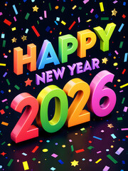 Happy New Year 2026 Celebration with Colorful Confetti and Festive Decorations