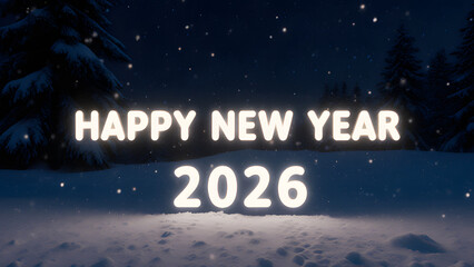 Happy New Year 2026 Celebration: Festive Winter Night with Fireworks and Snowfall