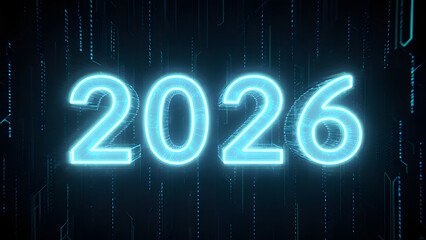 Futuristic Neon 2026: Glowing Blue Digital Numbers & Cyber Circuit Design Background