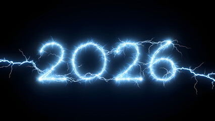 Futuristic 2026 Number with Blue Lightning Glow on Dark Background - Vibrant Neon Energy Design
