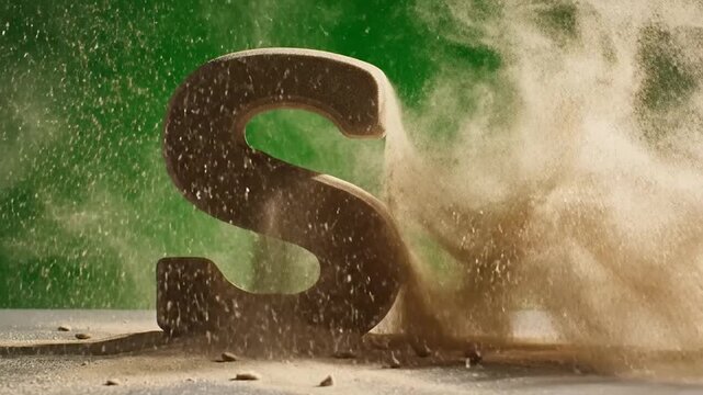 Sand Exploding from a Wooden Letter S on a Green Background.