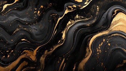 Abstract black and gold marble texture with dynamic swirling veins and luxury appearance