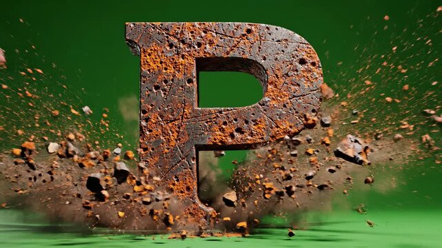 Rusty Letter P Exploding on Green Background with Debris.