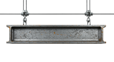 A heavy industrial i-beam with a distressed galvanized texture suspended by steel cables and hooks against a transparent background. Industrial engineering concept
