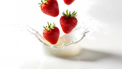 Fresh red strawberries splashing into white milk with droplets frozen in mid-air