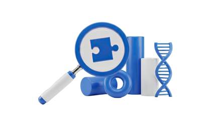 Magnifying glass on puzzle piece with DNA and geometric shapes