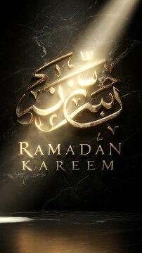 Cinematic gold Ramadan Kareem Arabic calligraphy on black marble with moving light sweep and luxury reflections (Vertical Video)