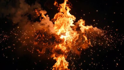 Intense realistic fire flames with explosive energy thick smoke glowing sparks embers erupting against pure black background filmed dramatic cinematic slow motion ultra high quality  - Powered by Adobe