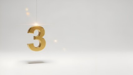 Golden 3d Number Three Floating Elegantly with Lens Flares on a Light Background