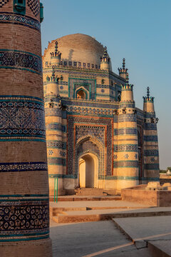 Tomb of Bibi Jawindi behind Tomb of Baha'al-Halim in Uch Sharif, Punjab province, Pakistan