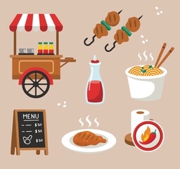 Street Food Cart with Delicious Meal and Noodles.