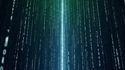 Abstract binary code background with glowing light streak, representing data flow and technology.