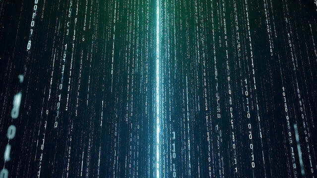 Abstract binary code background with glowing light streak, representing data flow and technology. - Powered by Adobe