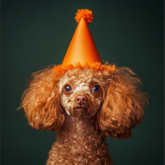 Orange poodle in a hat on a green background