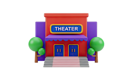3D Cartoon Theater Building with Trees