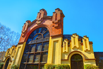 Exterior of Umbracle (shade house) in Parc de la Ciutadella, iron and brick structure in Barcelona built for 1888 Universal Exhibition