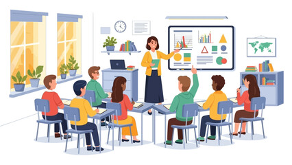Engaged students participate in a vibrant classroom lesson with a teacher presenting information on a digital whiteboard