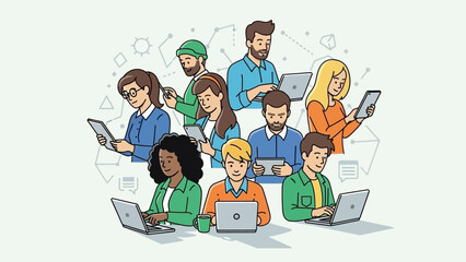 Diverse group of individuals engaging with modern digital technology, symbolizing online communication, seamless connectivity, and collaborative interaction within a dynamic network