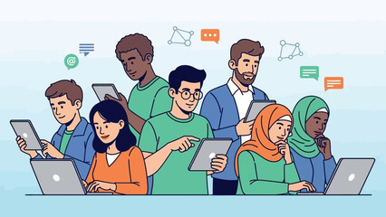 Diverse individuals engage with digital technology for collaborative learning and online communication, illustrating modern teamwork and interconnectedness in a vibrant conceptual setting