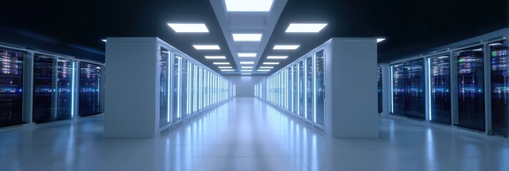 Interior of a large futuristic server room with rows of blue glowing racks and a central glass pathway, symbolizing big data and AI.