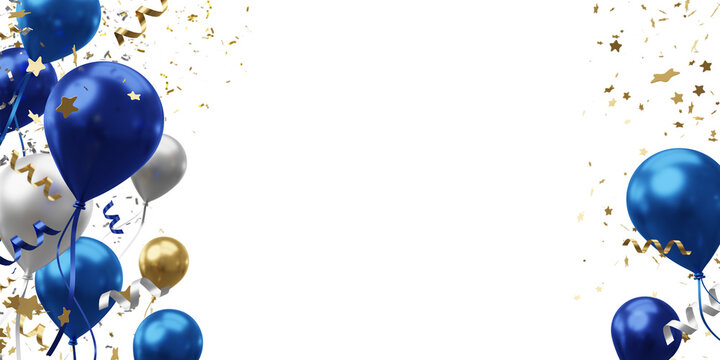 Premium blue and silver balloons with confetti on transparent background with copy space for luxury celebration 3D render