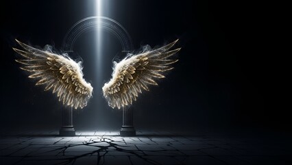 Golden Angel Wings Illuminated by Heavenly Light in a Dark, Mysterious Setting.