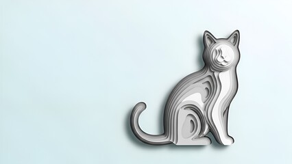 Minimalist Silver Cat Sculpture on a Light Blue Background.