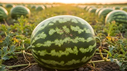 Ripe watermelon growing in a field at sunset, ready for harvest, with other watermelons blurred in the background.