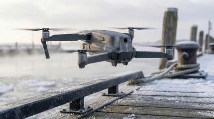 Drone flies over frozen harbor capturing close view of pier with ice and snow during winter season