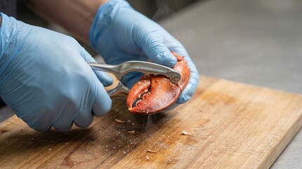 Chef cracks lobster claw using a tool in a kitchen setting during meal preparation with a focus on seafood dishes and culinary techniques