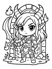 Fototapeta premium Anime Warrior: A fierce anime warrior, poised with a flaming sword against a stone arch, ready for action.