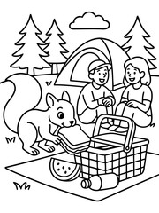 Picnic Scene: A charming illustration depicts a delightful picnic scene. A cute squirrel and two people enjoy their lunch with a picnic basket, tent and the forest background.