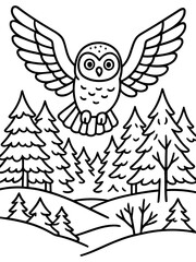 Obraz premium Soaring Owl in Forest: A majestic owl with spread wings soars gracefully above a tranquil forest of evergreen trees. A symphony of nature's simple beauty.