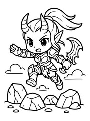 Fototapeta premium Heroic Demon: A dynamic illustration depicts a fierce demon character, poised with determination and equipped with a sword, leaping over rocks, ready for action. 