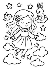 Dreamy Flight: A charming illustration depicts a sweet girl floating among fluffy clouds, stars, and a friendly bunny, birds and stars. Creating a whimsical and imaginative scene.