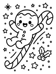 Gingerbread Man&rsquo;s Candy Cane Ride: An enchanting illustration of a gingerbread man joyfully gliding on a candy cane amidst a flurry of stars and festive elements, ideal for evoking holiday cheer.