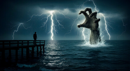 Under a sky rent by lightning, a lone figure on a pier watches in silent awe as a massive hand erupts from the turbulent ocean, a chilling harbinger of colossal unknown powers