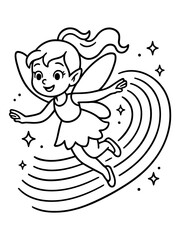 Obraz premium Whimsical Fairy's Flight: A charming, outlined illustration captures a delightful fairy as it takes flight, riding a rainbow in a magical, fairytale-like setting.