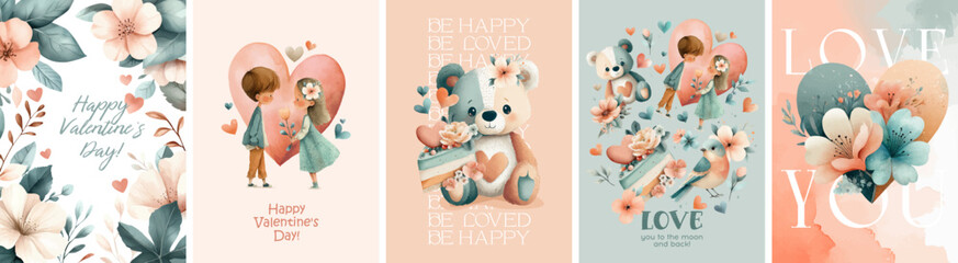 Set of cute watercolor illustrations postcards for February 14th. Happy Valentine's Day. Hand-drawn and vectorized watercolor illustrations. Couple, love, teddy bear, bird, dessert, hearts and flowers