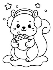 Fototapeta premium Adorable Squirrel with Acorn: A cute squirrel, wearing earmuffs and a scarf, snuggles an acorn, surrounded by stars and snow in this charming cartoon illustration. 