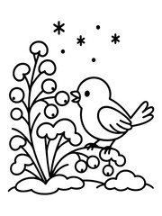 Naklejka premium Winter Bird's Delight: A charming, outlined illustration of a small bird perched on a snow-covered branch, enjoying berries amid falling snowflakes.