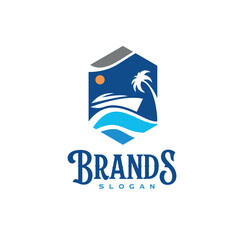 Yatch Ship Beach Logo Design Sunset Scenery Nautical With Palm Tree 