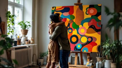 Creative collaboration: artists shaking hands in front of colorful abstract painting