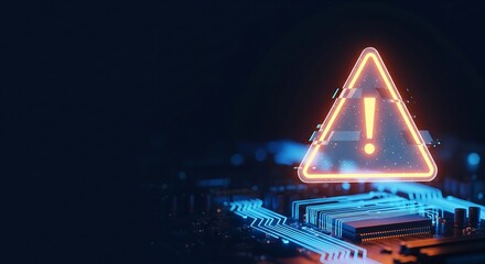 Digital glowing warning triangle on computer circuit background for cybersecurity alert