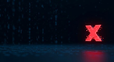 Glitched red digital X mark on dark background with wide negative space for error message