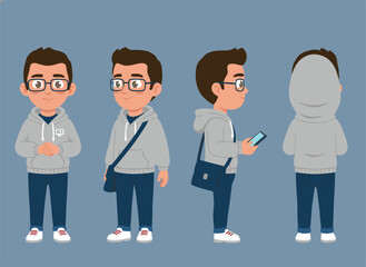 Fototapeta premium Young man in hoodie and jeans, front, side, and back view.
